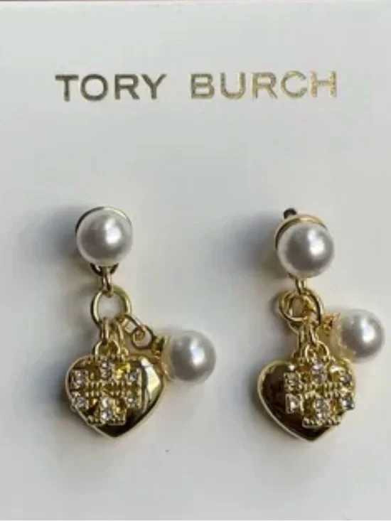 Authentic Tory Burch Gold Pearl Drop Heart Cluster Earrings - Women Jewelry New - Picture 2 of 6